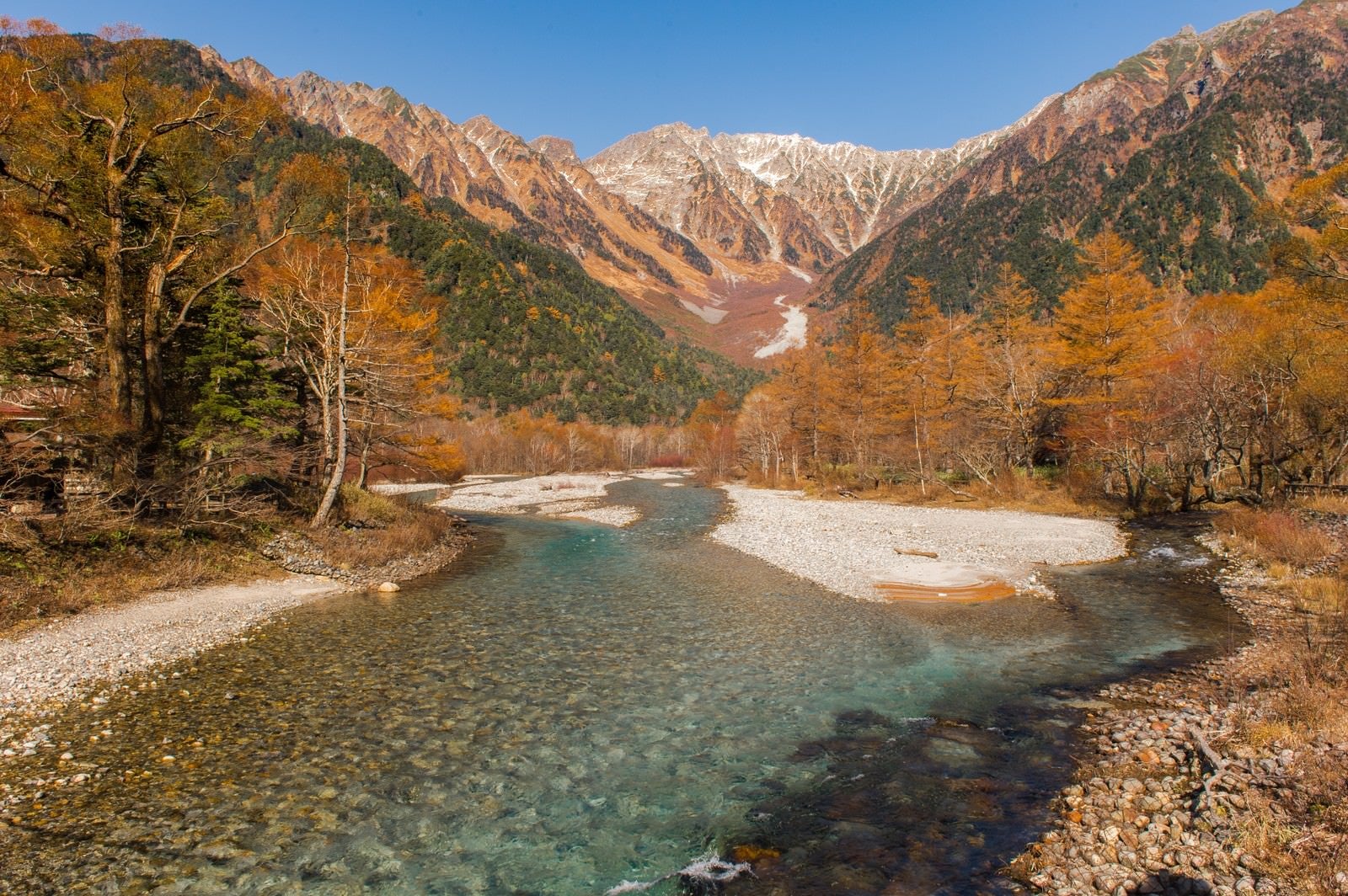 「秋の上高地・梓川と穂高連峰」の写真
