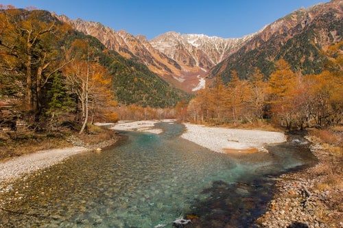秋の上高地・梓川と穂高連峰の写真