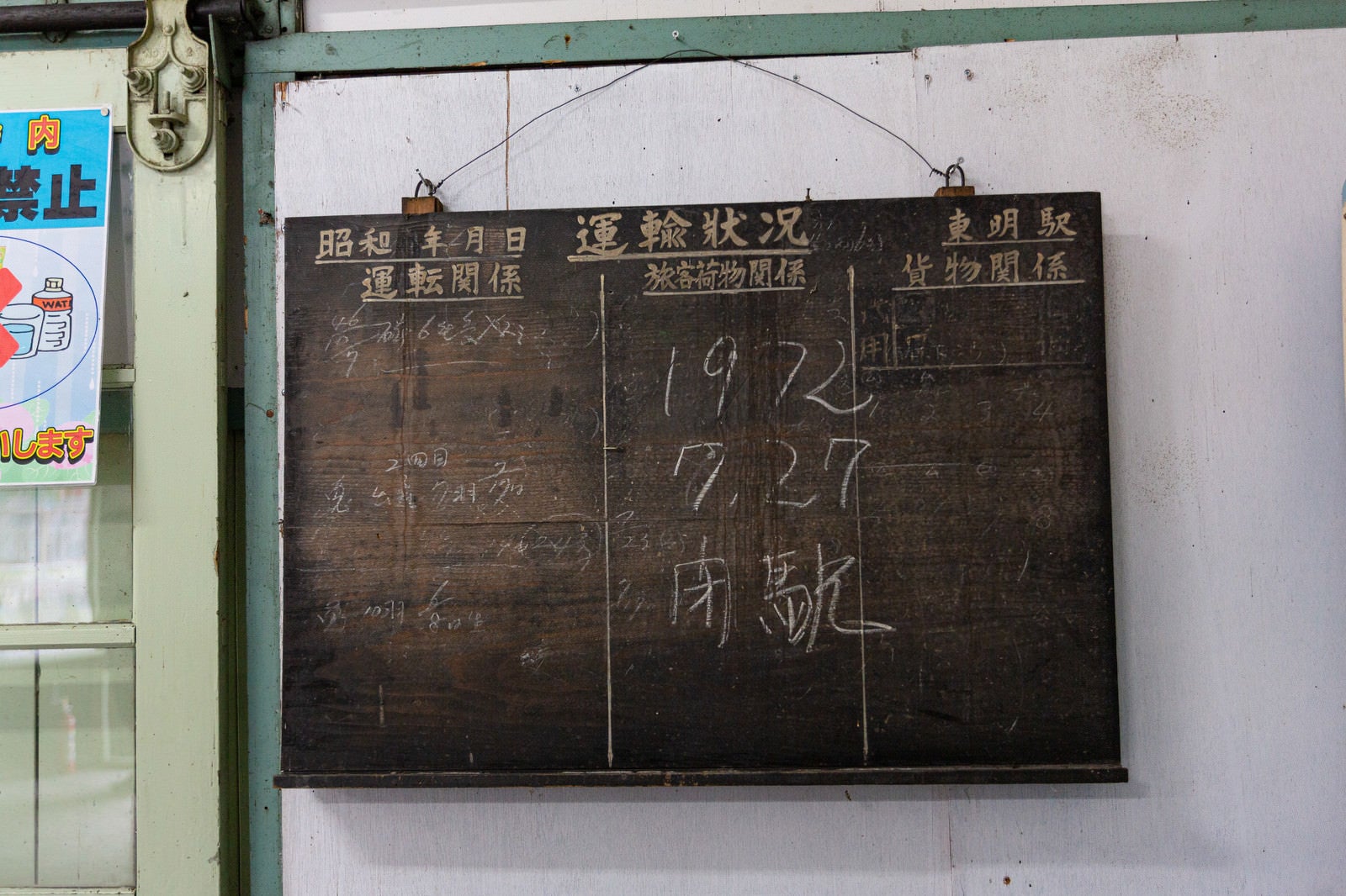 「美唄鉄道東明駅の黒板に書かれた「閉駅」の文字」の写真