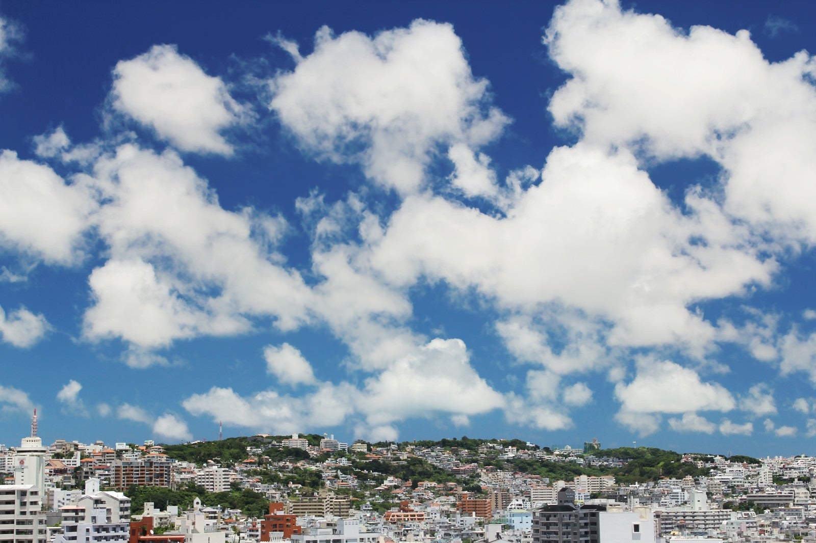 「屋上からの街並みと青空」の写真
