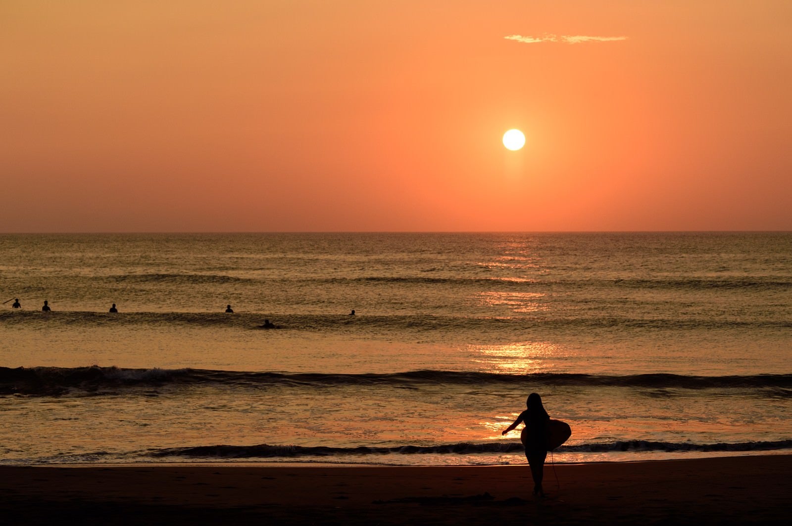 「朝日に照らされる一宮海岸のサーファー達（千葉県一宮町）」の写真