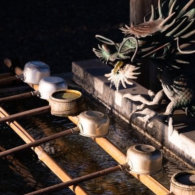 玉前神社にある手水舎の龍神様と柄杓（千葉県一宮町）の写真