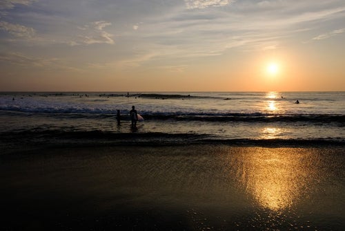 朝日に照らされる引波の波打ち際とサーファー達（千葉県一宮町）の写真