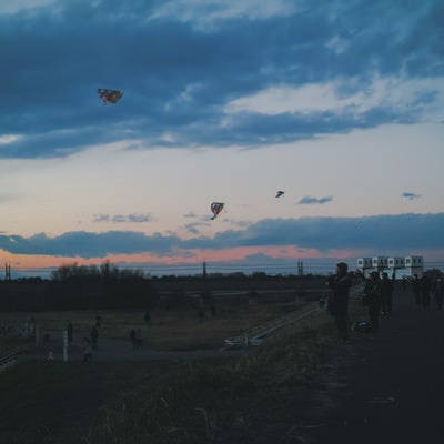 夕暮れに凧上げする人たちの写真