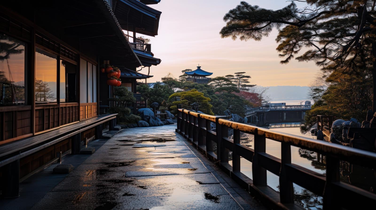 「日本風の長屋と夜明けの通り」の写真