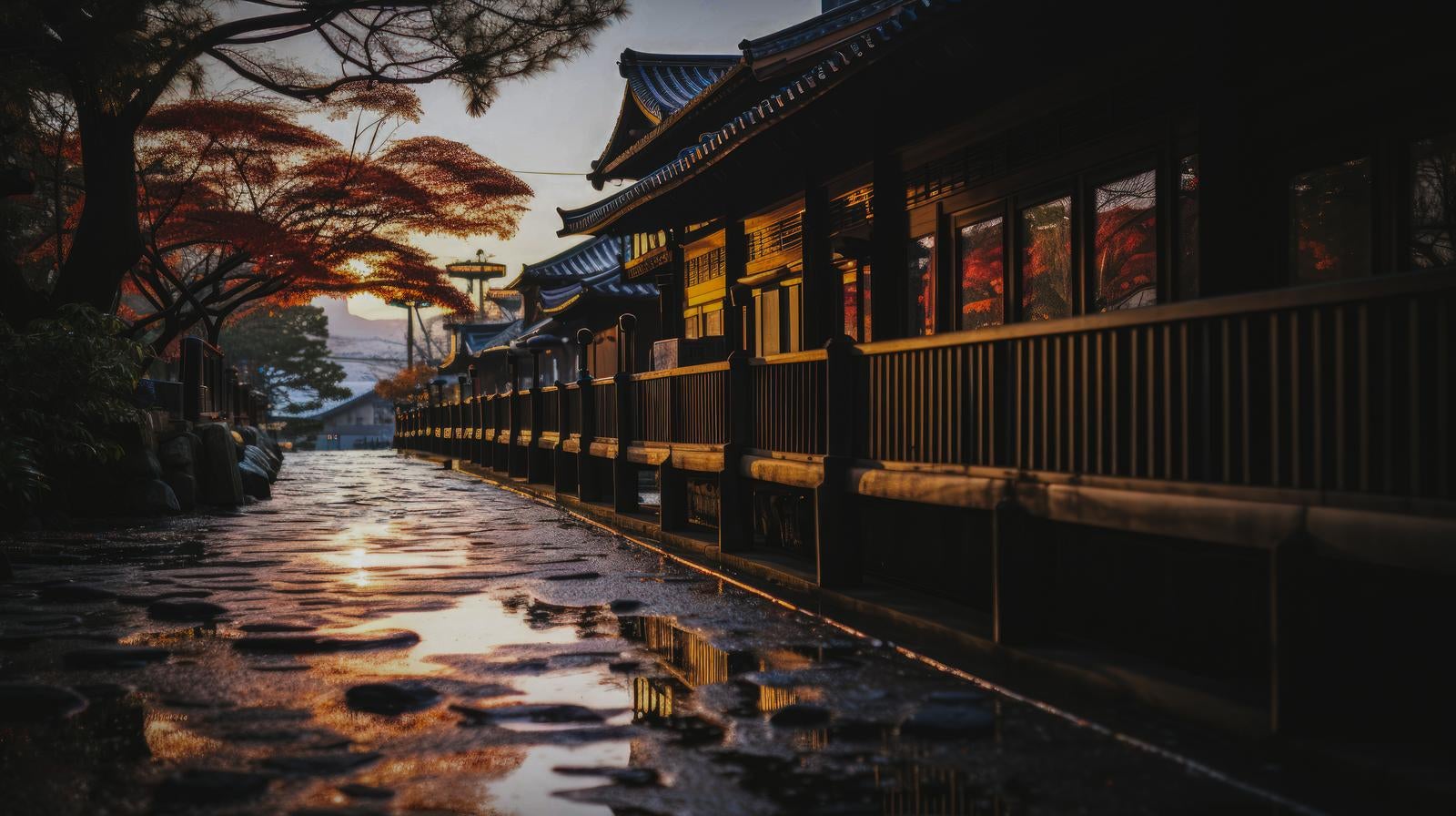 「古い木造の長屋と日本風の風景」の写真