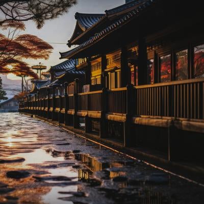 古い木造の長屋と日本風の風景の写真