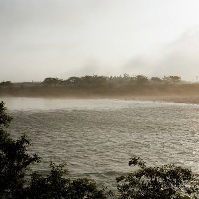 朝靄に霞む河川の写真