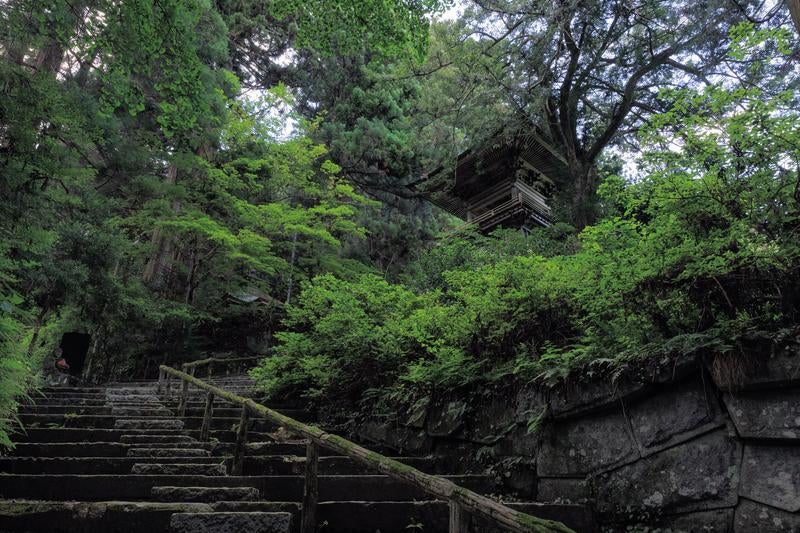 東堂山満福寺、石段の上の鐘楼の写真