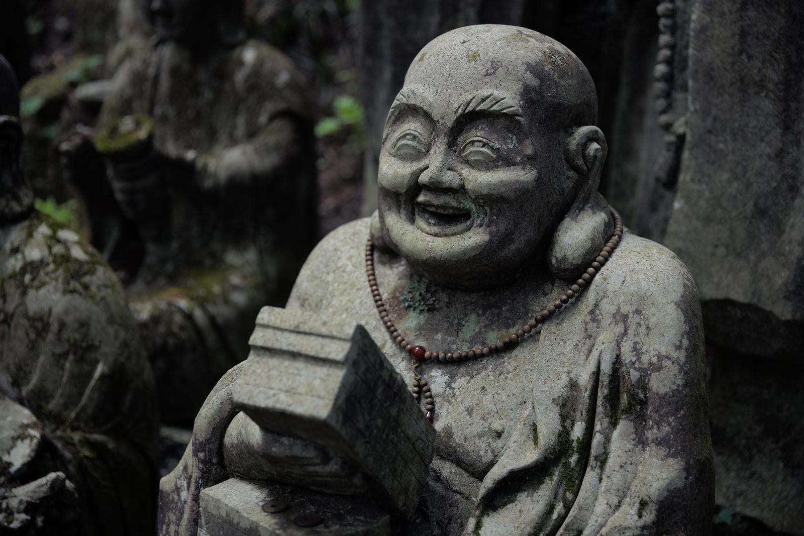 「ニヤリと笑う東堂山満福寺の羅漢石像」の写真