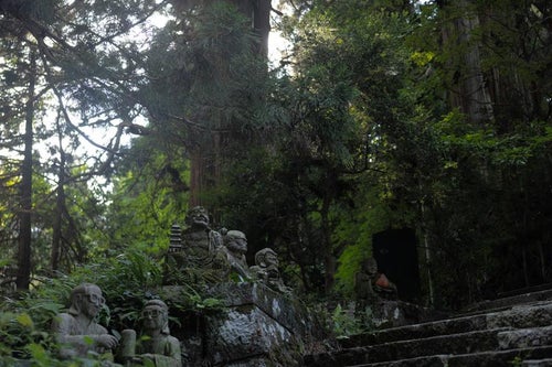東堂山満福寺の境内と羅漢石像の写真