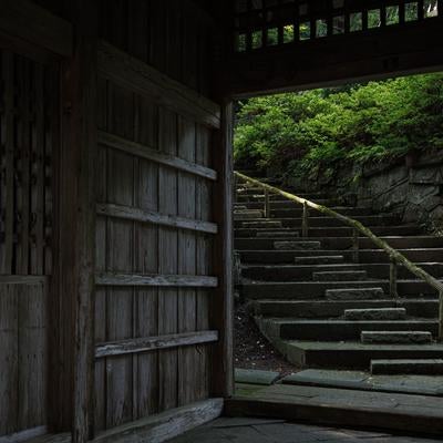 東堂山満福寺の門から続く石段の写真