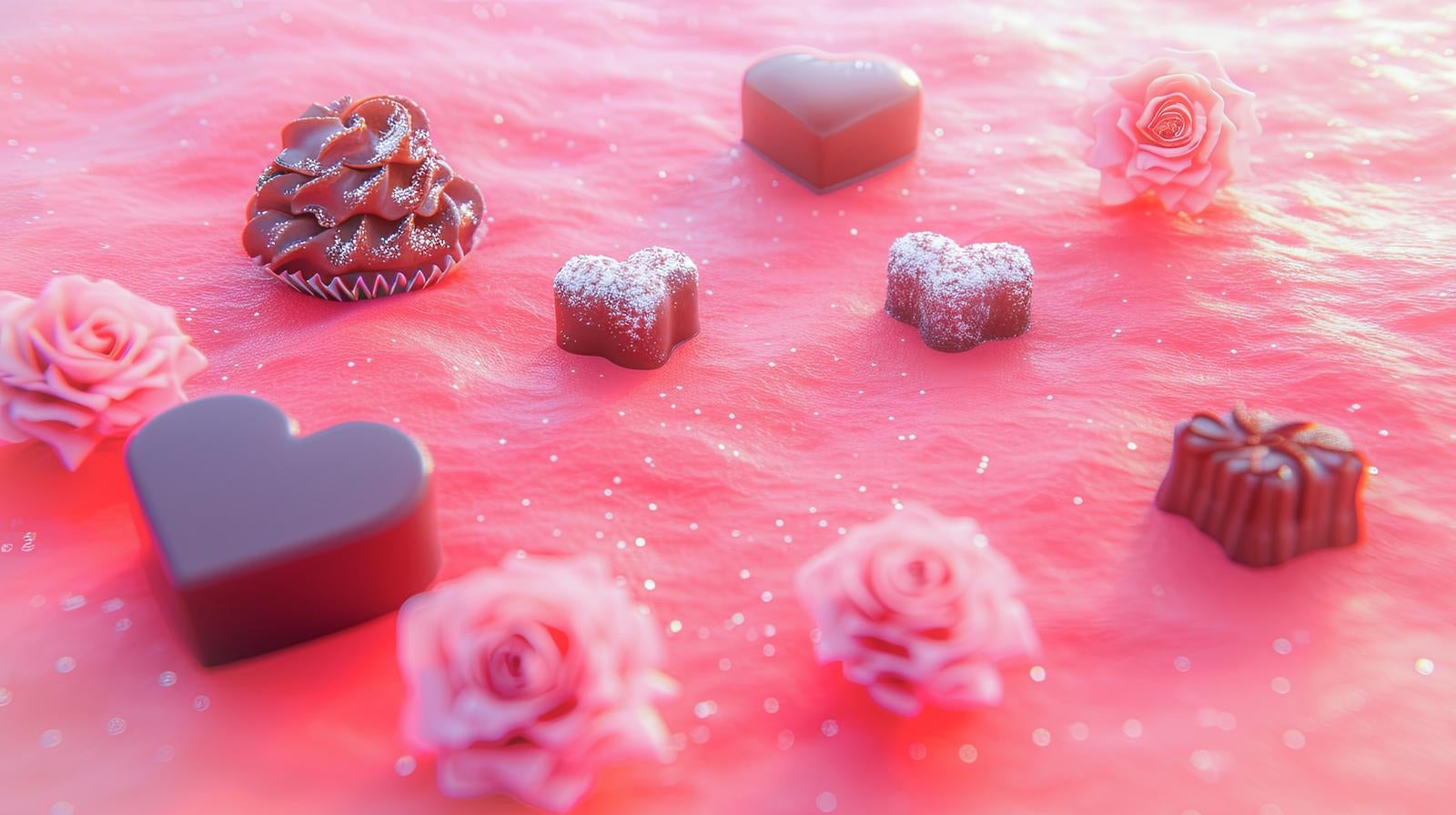 「ふわふわ漂うハートのチョコレートと薔薇」の写真