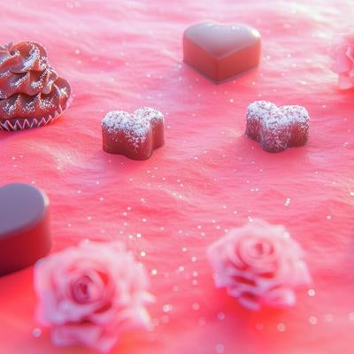 ふわふわ漂うハートのチョコレートと薔薇の写真