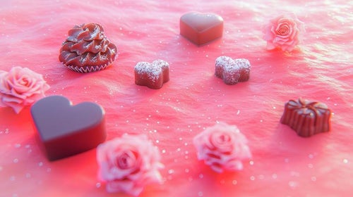 ふわふわ漂うハートのチョコレートと薔薇の写真