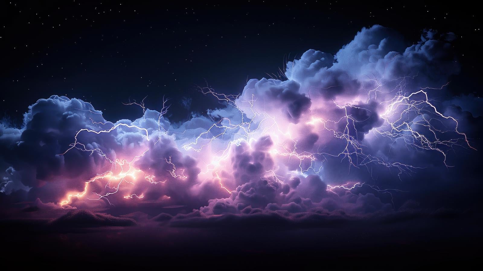 「夜空に輝く雷雲と稲妻の閃光」の写真