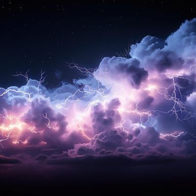夜空に輝く雷雲と稲妻の閃光の写真