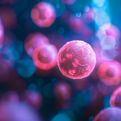 ピンク色に発光するウイルス・病原体の細胞画像の写真