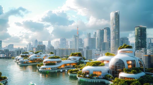 海岸沿いの近未来型都市の写真