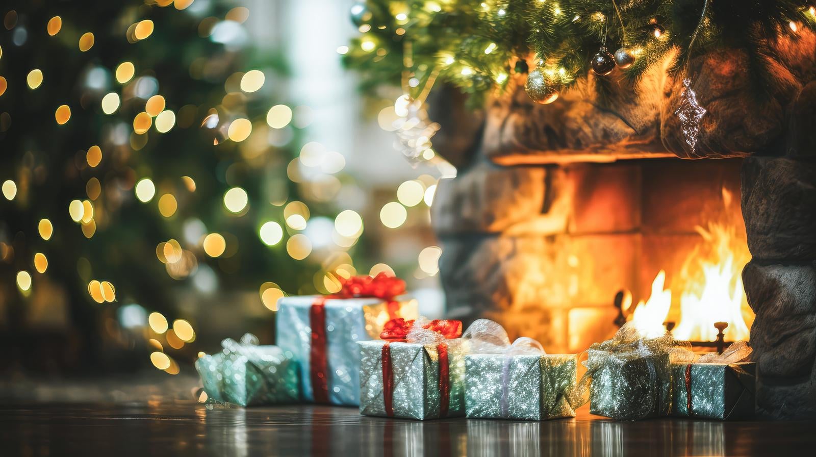「暖炉とクリスマスプレゼント」の写真