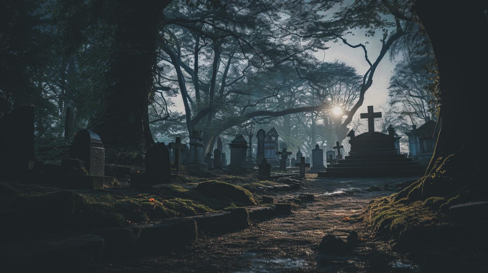 「不気味な墓地に日が差し込む」の写真