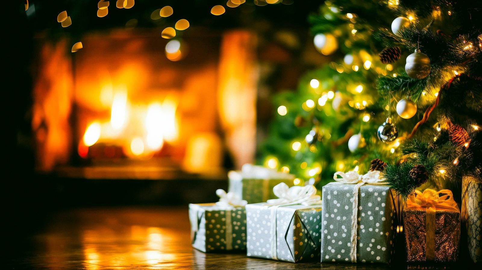 「クリスマスプレゼントと暖炉のある家」の写真