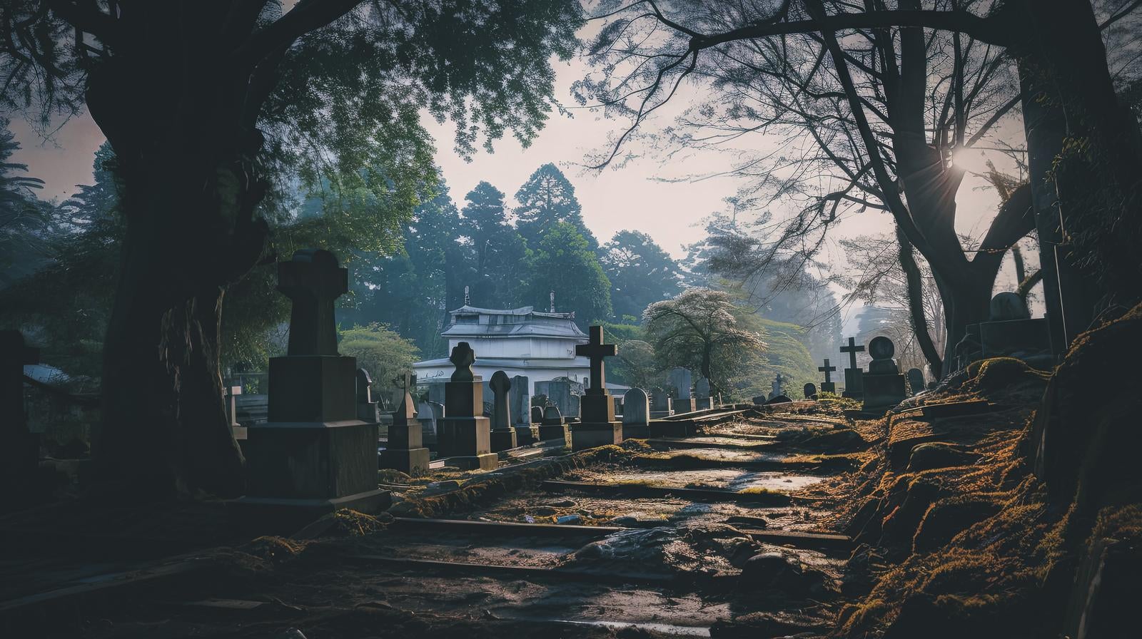 「朝日が照らす墓地」の写真
