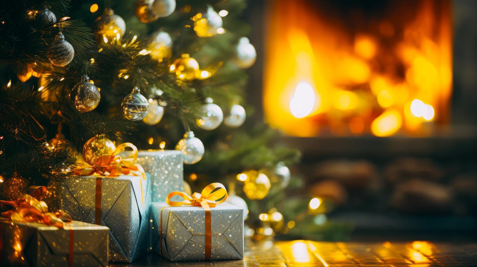 「クリスマスツリープレゼントボックスの暖炉」の写真