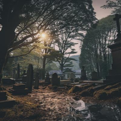 墓と霊園、夕日ともに訪れる穏やかな時間の写真