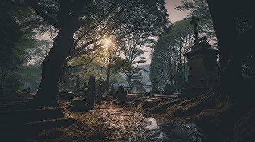 墓と霊園、夕日ともに訪れる穏やかな時間の写真