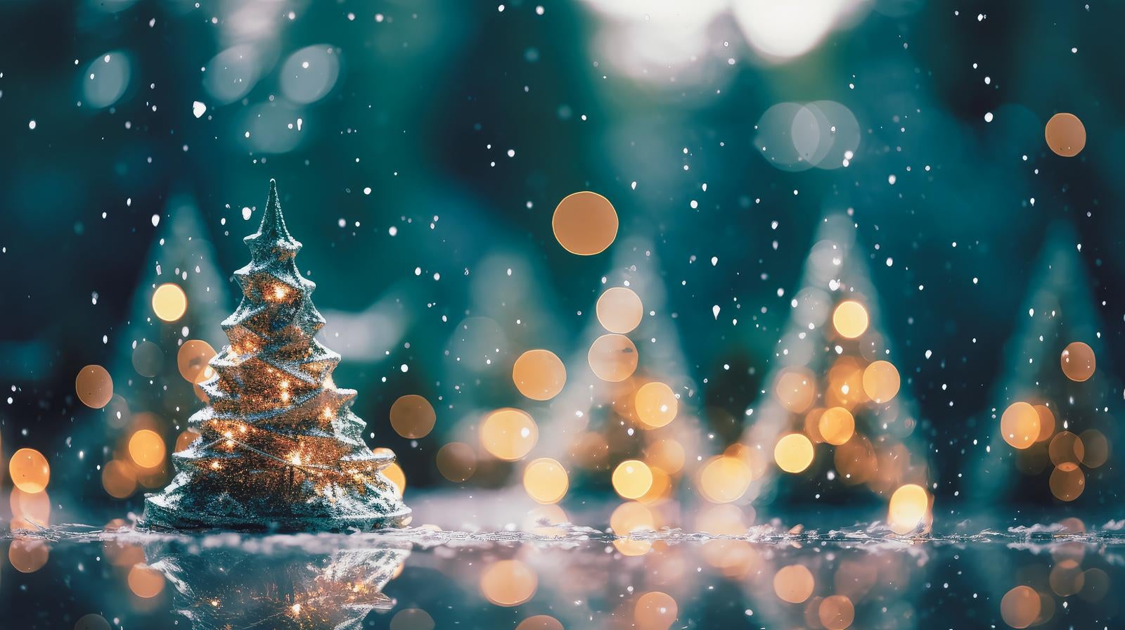 「クリスマスツリーのオブジェとキラキラ光る雪」の写真