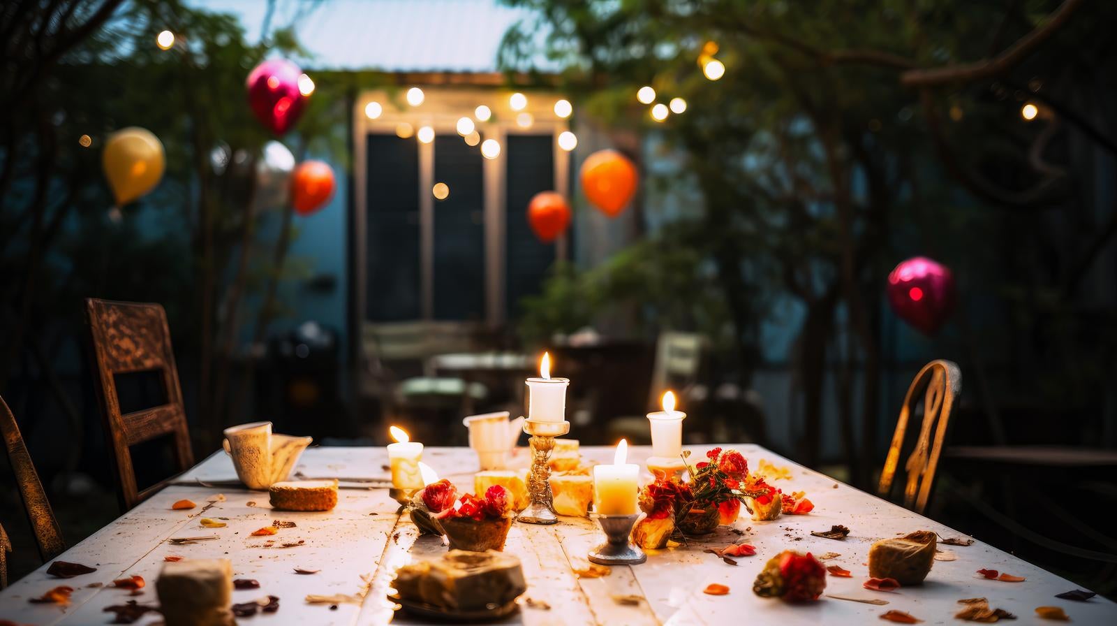 「暖かな光に包まれたキャンドルと色とりどりに装飾されたテーブル」の写真
