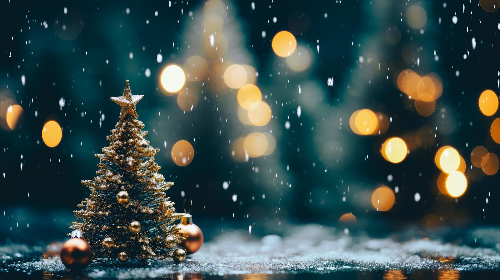「クリスマスツリーと舞い散る雪」の写真