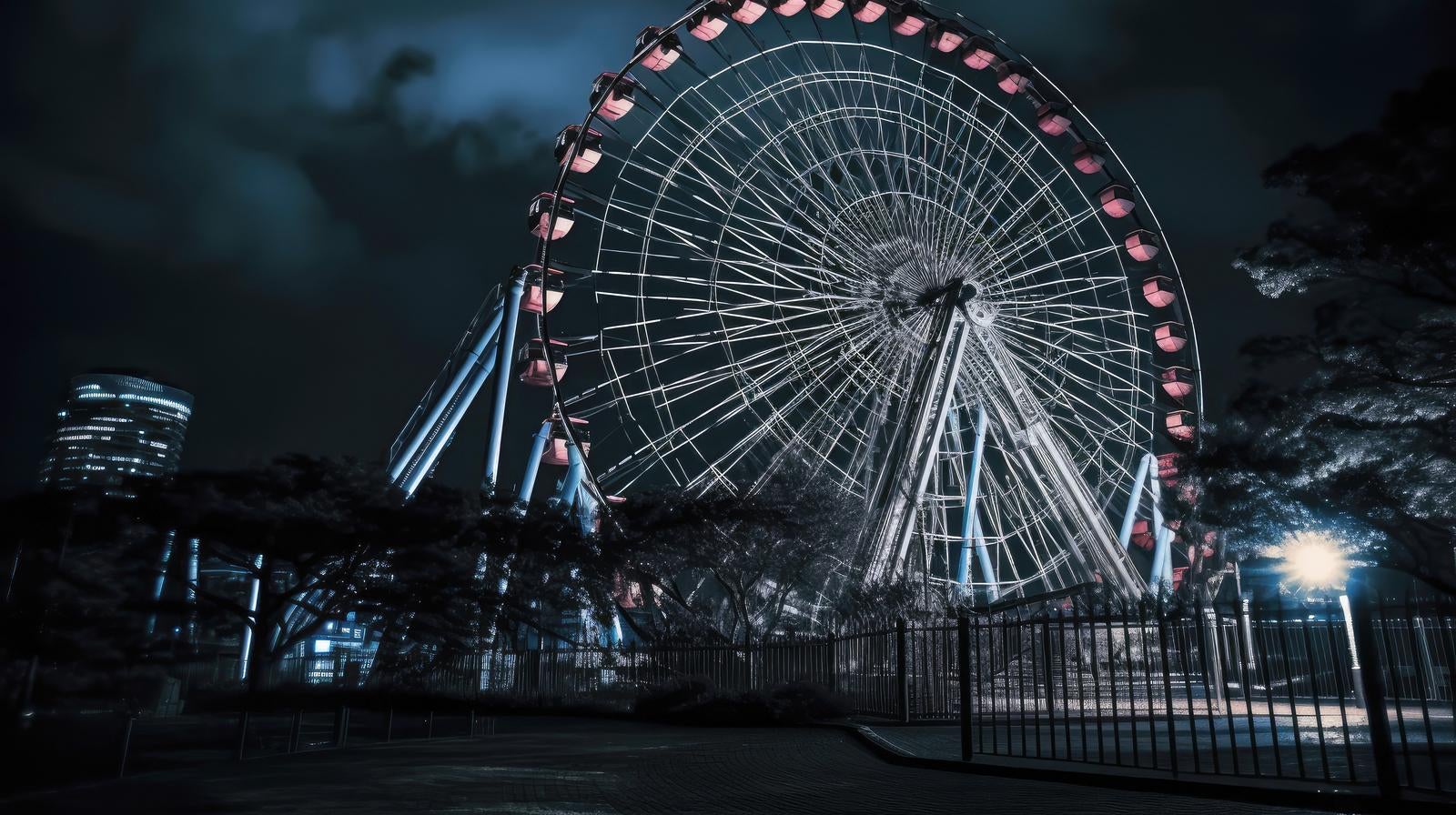 「深夜の遊園地、浮かび上がる不気味な観覧車」の写真