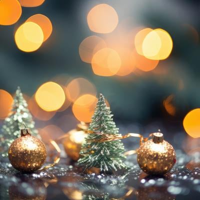 光り輝くライトアップと小さなクリスマスツリーの小物の写真