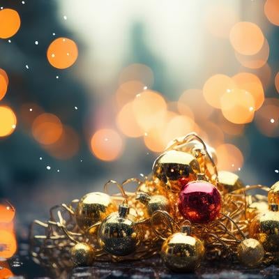 クリスマスを彩る煌めき、飾り付け前のオーナメントとイルミネーションの写真