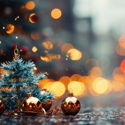 おもちゃのクリスマスツリーを輝かせるイルミネーションとオーナメントの写真