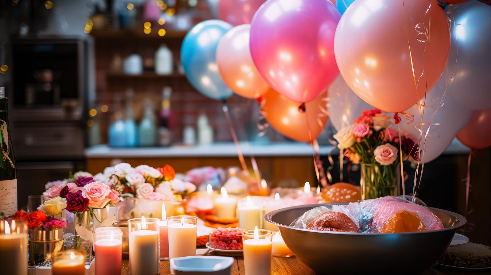 「キャンドルが置かれたテーブルとホームパーティーの様子」の写真