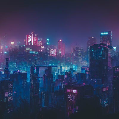 ネオンの明かりと夜の都市の写真