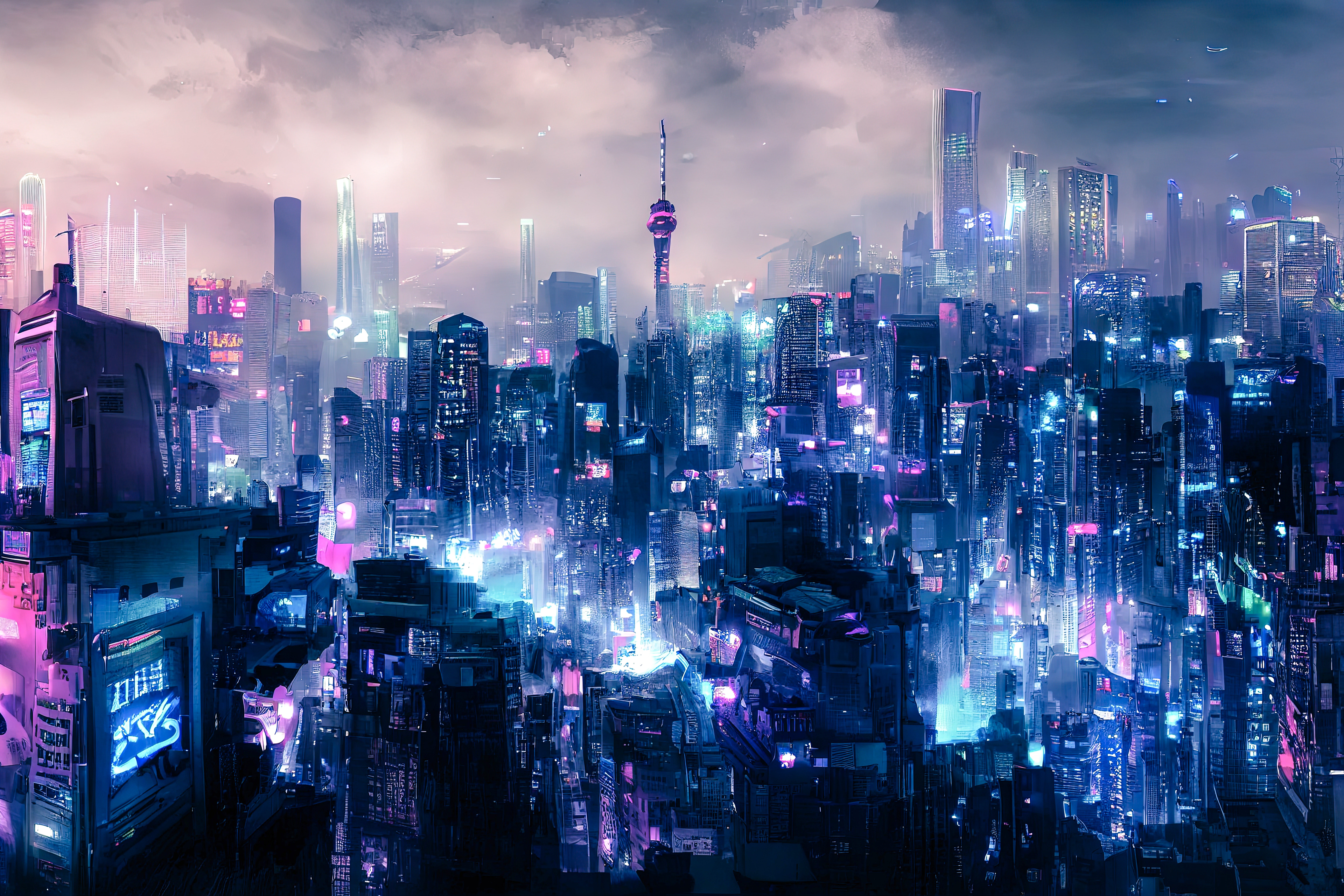 サイバーパンク風未来都市の夜景の無料のAI画像素材 - ID.82911