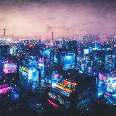 仮想空間を表現する高層ビル群の夜景の写真