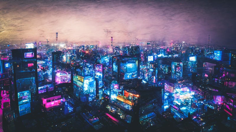 仮想空間を表現する高層ビル群の夜景の写真