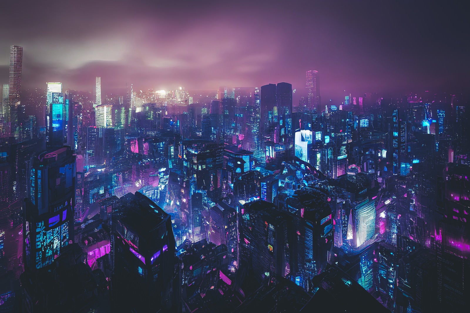 「怪しく光る近未来の高層ビル群」の写真