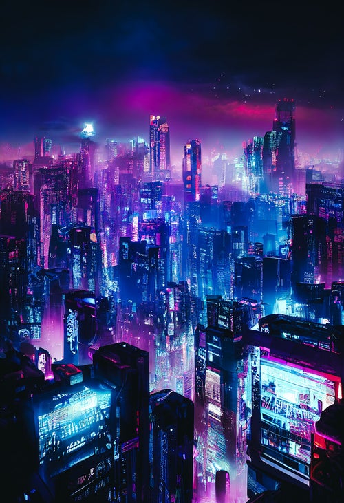怪しく光る未来都市の高層ビル群の写真