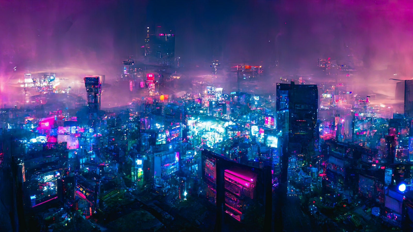 「ネオンが不気味に輝く薄暗いサイバー都市」の写真