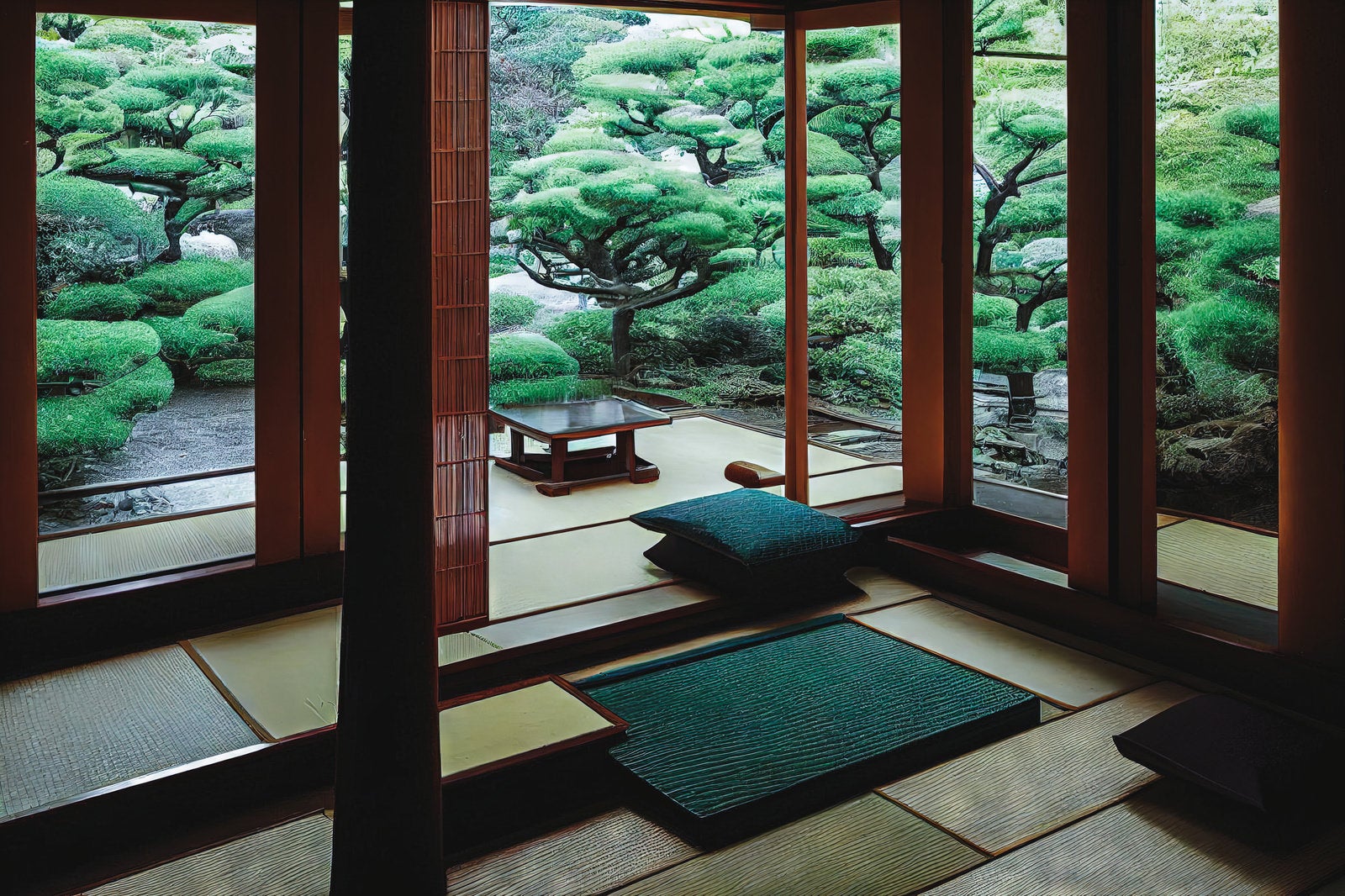 「畳ある和室から望む日本庭園」の写真