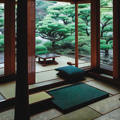 畳ある和室から望む日本庭園の写真