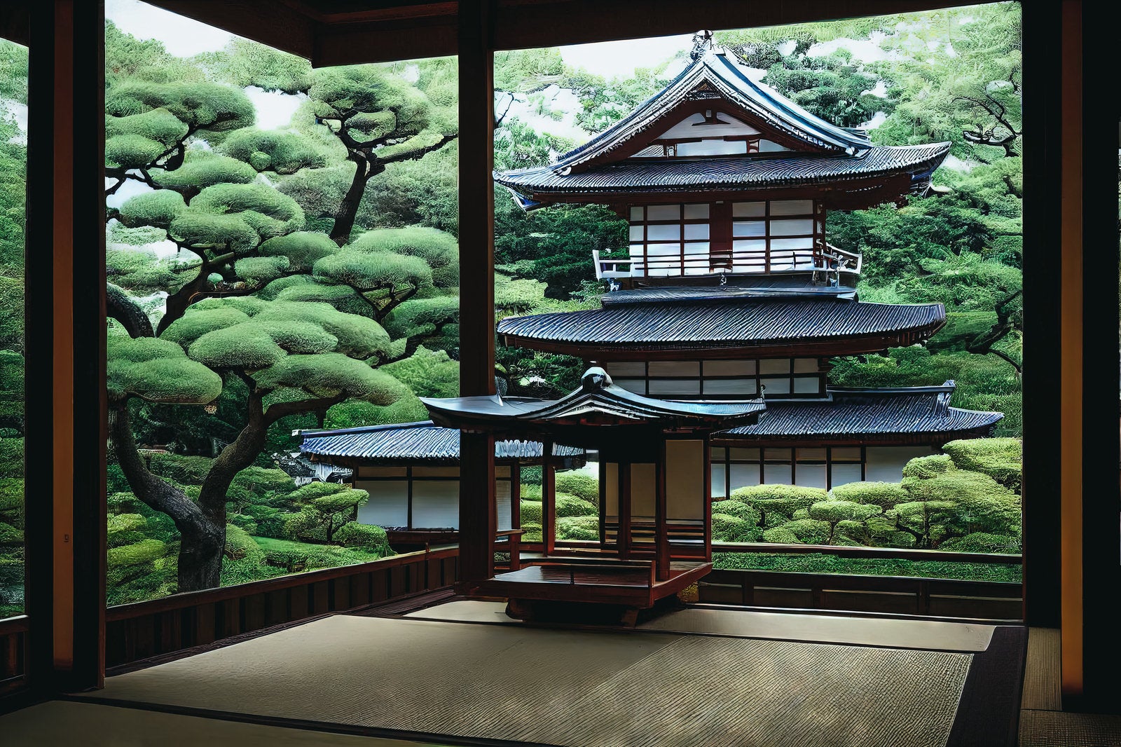 「庭園の松に囲まれる日本家屋」の写真