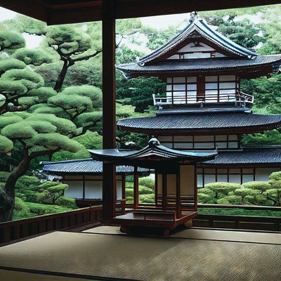 庭園の松に囲まれる日本家屋の写真