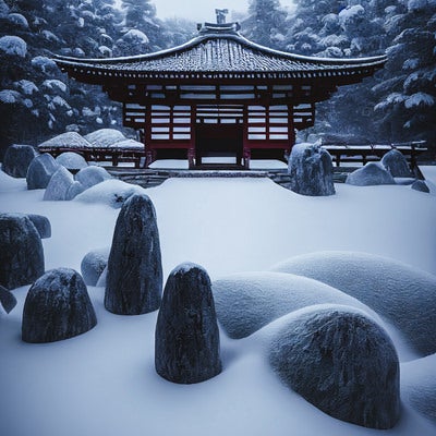 雪が降り積もる中の寺院の写真